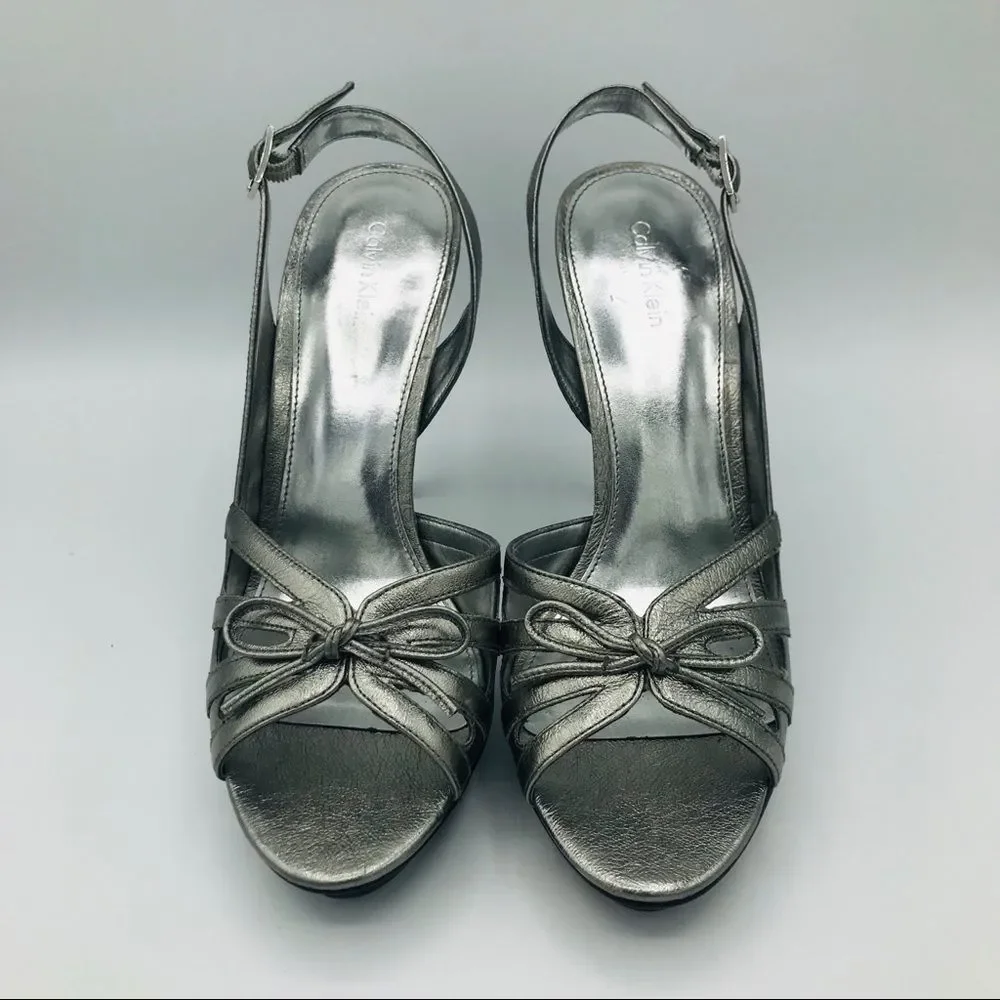 NEW CALVIN KLEIN SILVER LEATHER SLINGBACKS - Picture 5 of 10